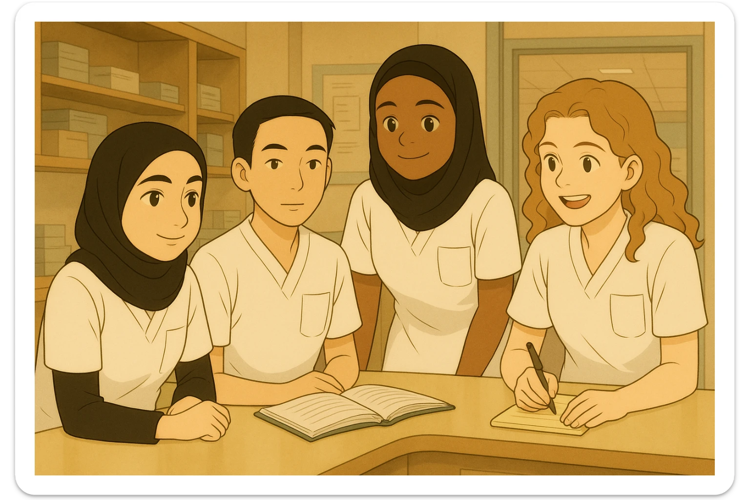 Recreate a scene faithfully inspired by the faces and characteristics of the four nursing students in the provided photos. They collaborate in a care station with a team atmosphere, in Ghibli style. They wear white short-sleeved uniforms with V-neck medical tunics, left chest pocket, no stand-up collar, no stethoscopes, nothing protruding from the sleeves. The setting is a care station with natural interaction among the students. sticker