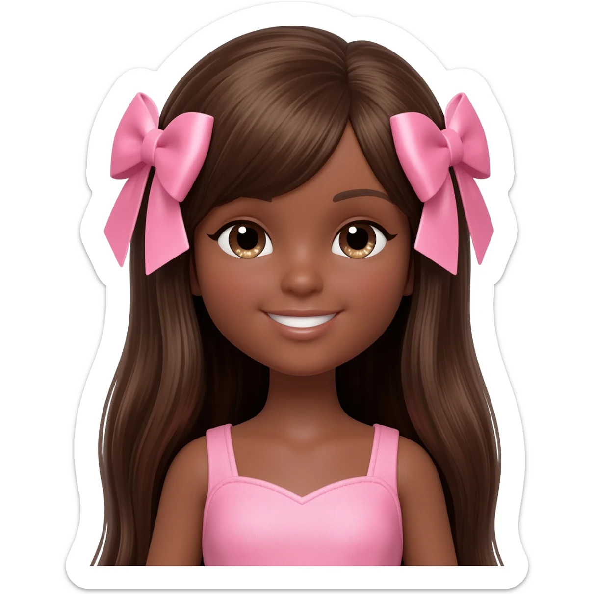 Doll with dark blonde skin with long brown hair with pink bows sticker
