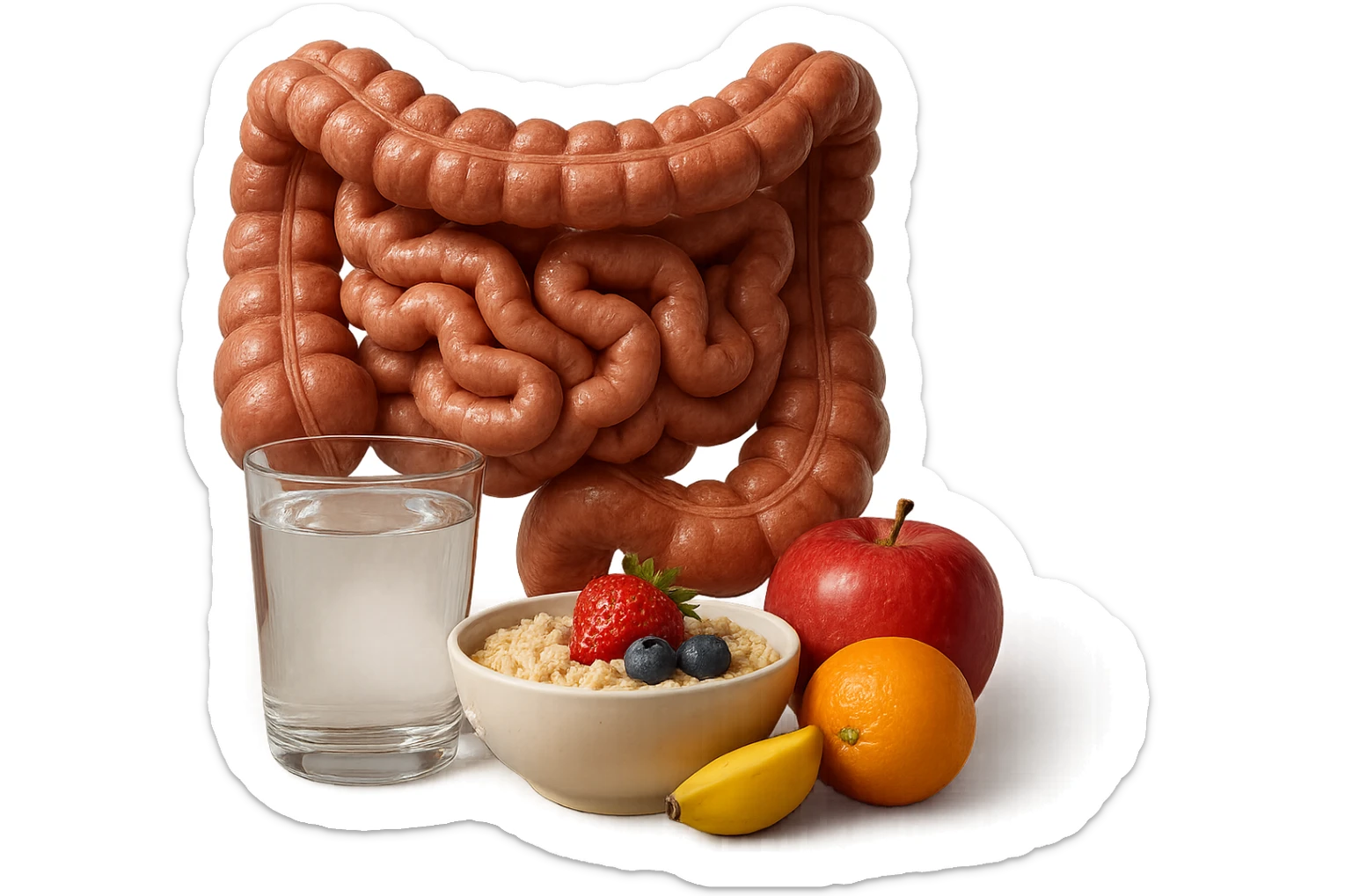 intestino umano anatomico sullo sfondo, davanti a lui un bicchiere di acqua, una bowl di avena e un po' di frutta mista, iperrealistici 4k sticker