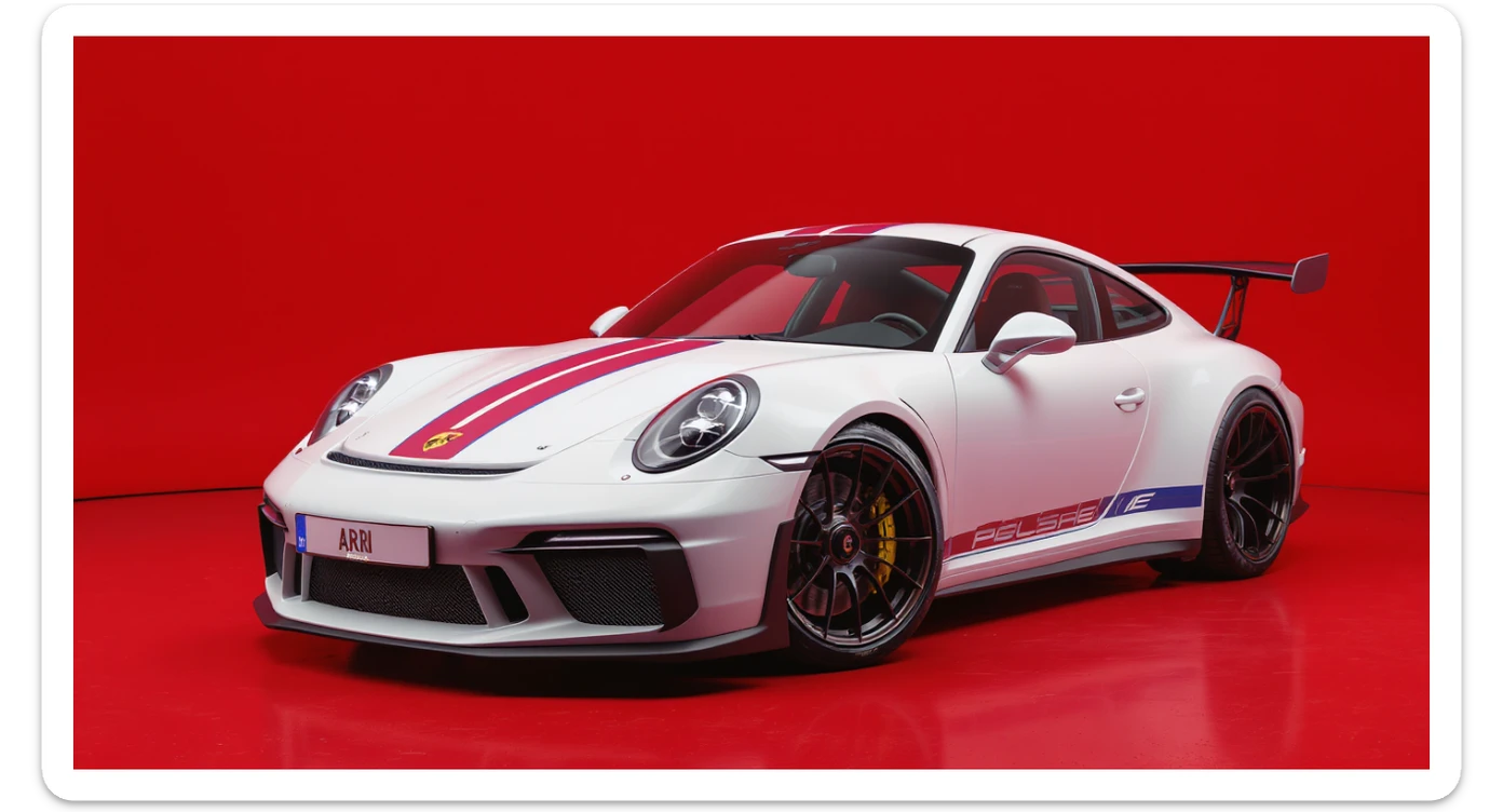 Medium shot of a porsche 911 made of russian capret, red solid studio background, low keu light, top soft light, dutch angle,  captured by arri alexa sticker