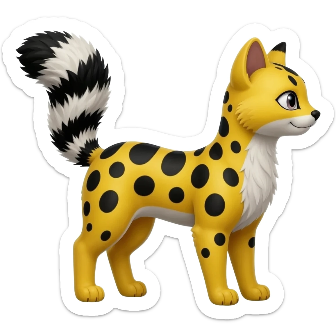 Lanky slender beautiful elegant spotted hype-realistic, black-maned, vibrant yellow Genet-Serval-Civet-fusion-hybrid-furry-fursona, full body, with a long puffy fluffy black-and-white-striped tail sticker