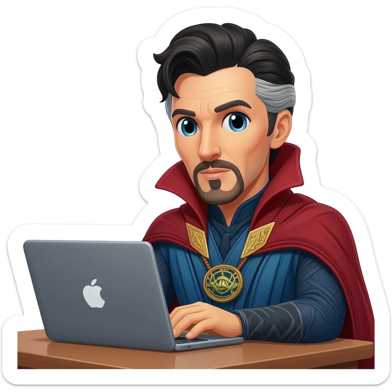Doctor Strange coding on a laptop at a desk sticker