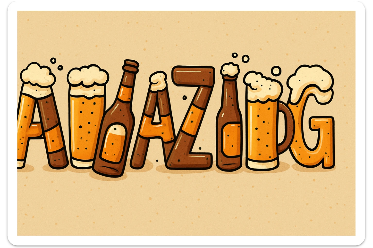 the word 'amazing' spelled out using pints and bottles of beer, cartoon style sticker