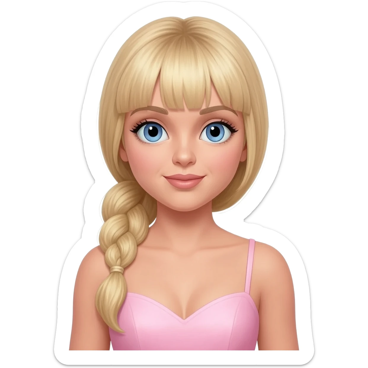 Baby Spice from Spice Girls with blue eyes, long blonde pigtail hair with bang, light pink sweetheart dress sticker
