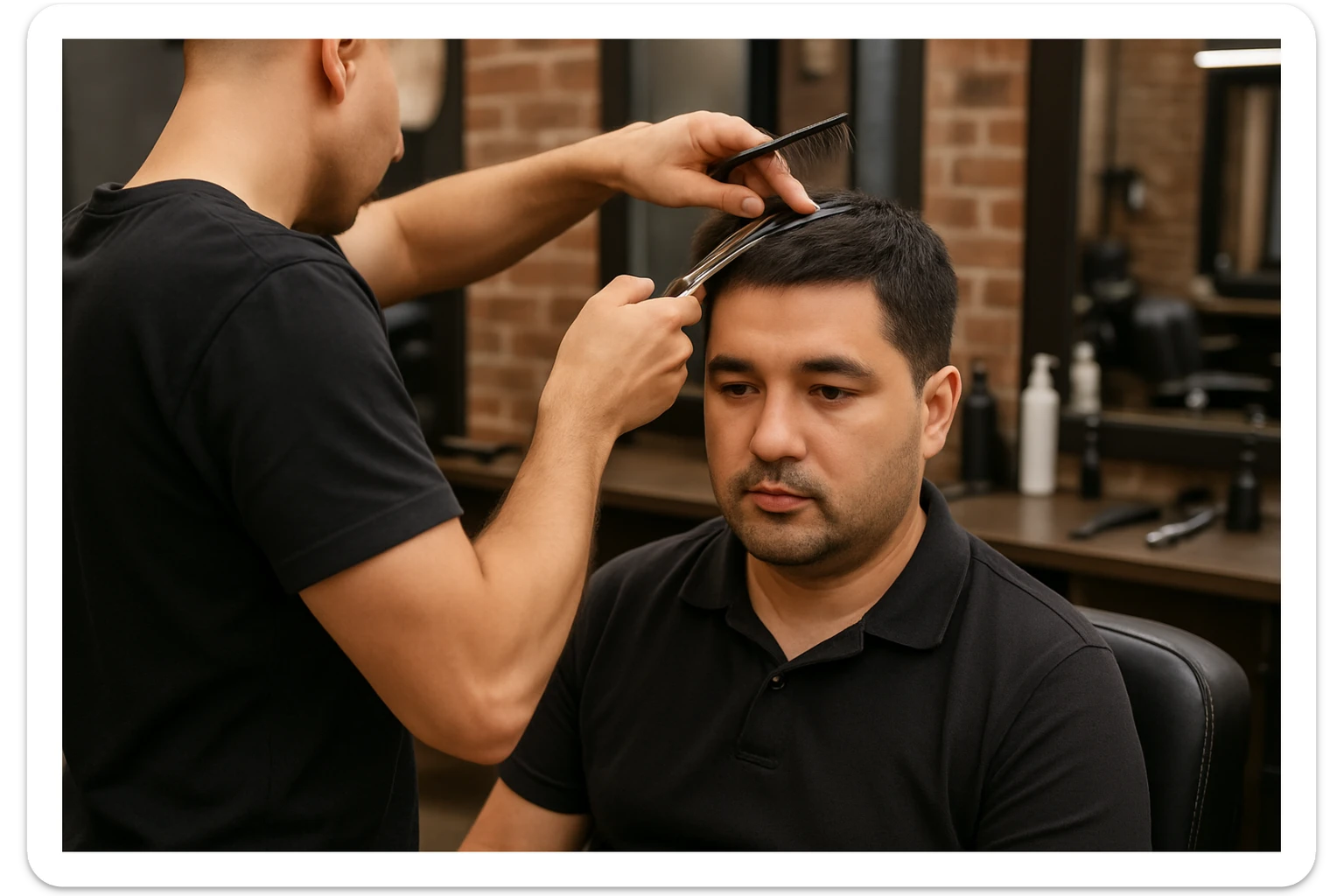 yuzi ko'rinmasin sartaroshxonada ishlayotganini tasvirlab ber mijozlarni sochini olayotganini sticker