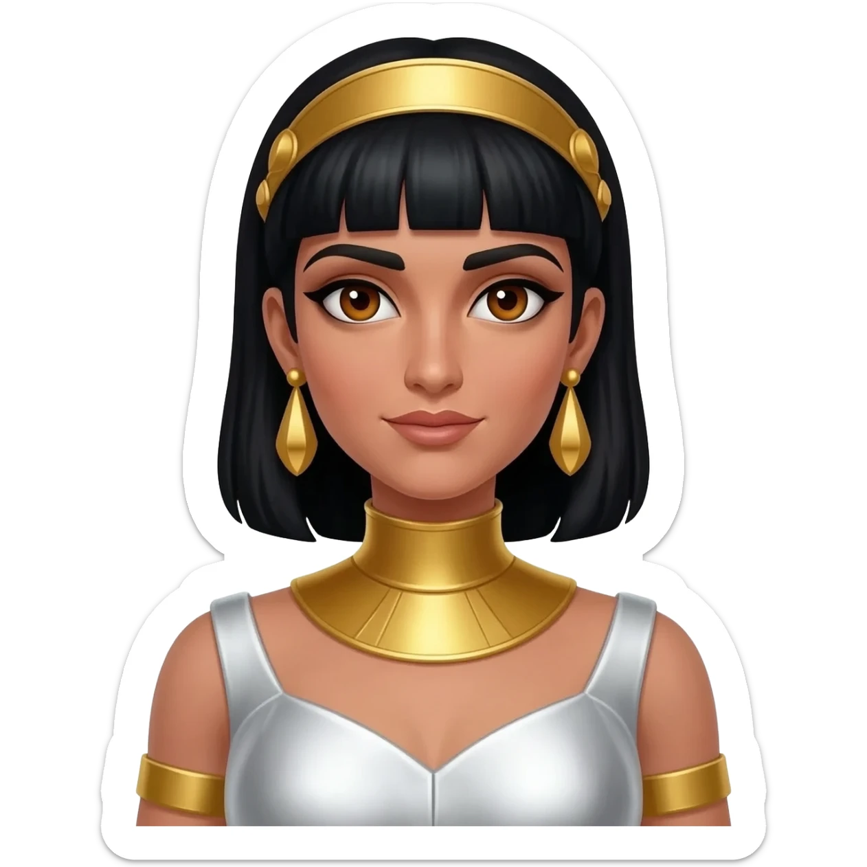 Cleopatra from Rome Mythology with hazel eyes, long black hair, white metallic sheath dress, gold collar and earrings, gold diadem sticker