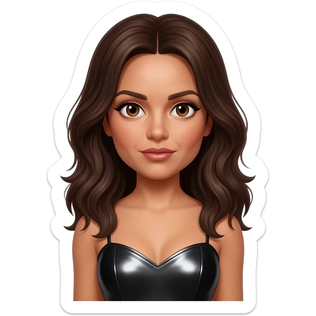 Posh Spice from Spice Girls with brown eyes, dark brown hair, black metallic sweetheart dress sticker