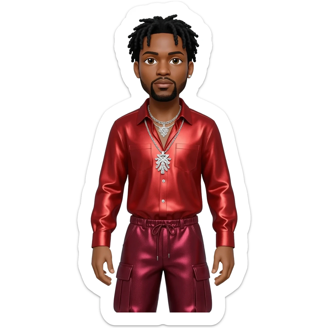 Ginuwine with black hair, red metallic shirt, maroon metallic baggy pants, silver necklace sticker