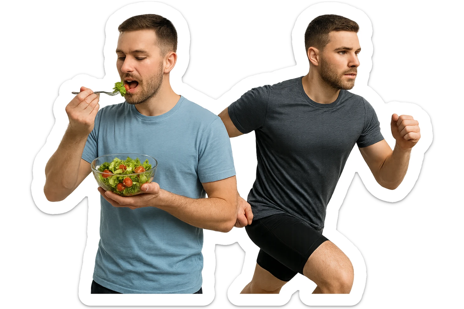 uomo fitness che mangia insalata accanto a uomo identico esteticamente che corre, iperrealistici 4k sticker