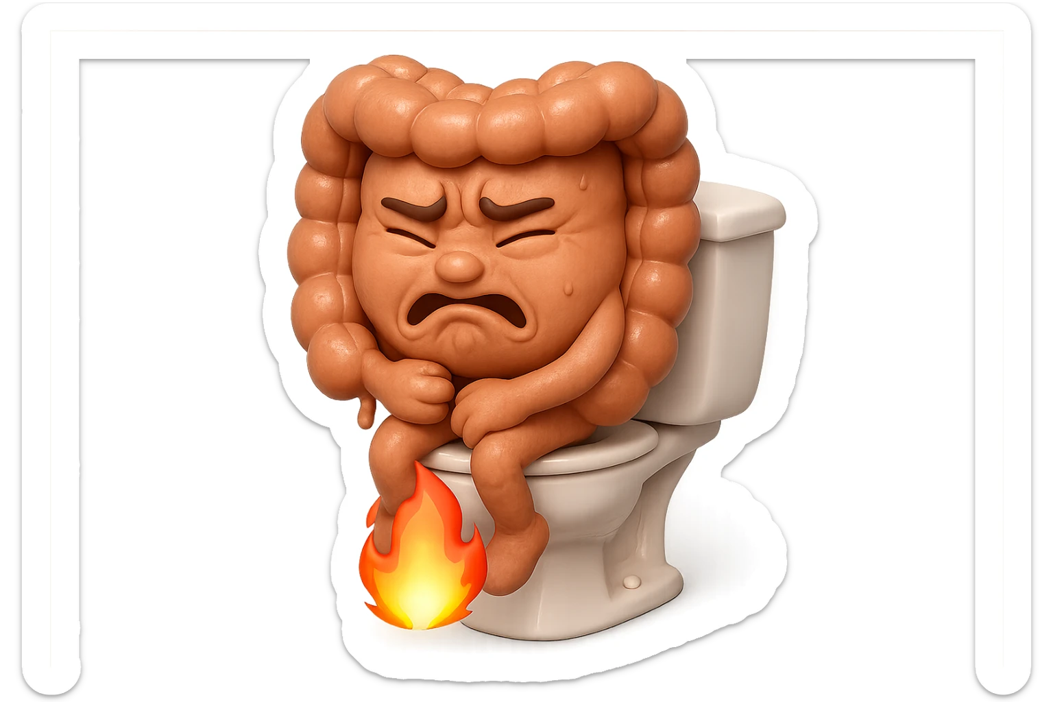 SU QUESTO STILE FAI UN EMOJI STILE IPHONE 3D DI UN INTESTINO CHE sta seduto sul wc e dal wc in mezzo alle sue gambe esce una fiamma stile emoji iphone, FAGLI UN ESPRESSIONE di dolore mentre si sforza E FALLO MOLTO REALISTICO IN 3D sticker