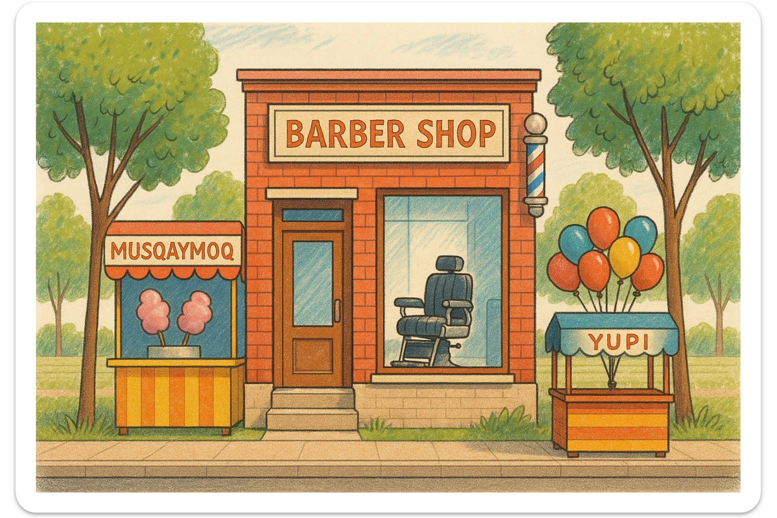 brohouse sartarosh xonasini chizib ber tashqaridan va uning yonida yupi va musqaymoq sotadigan lavkalar bulsin sticker