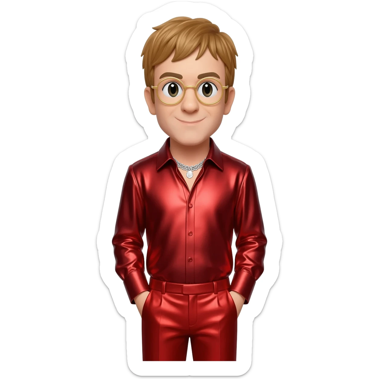 Elton John with golden brown hair, red metallic shirt, red metallic faux suit pants, silver necklace sticker