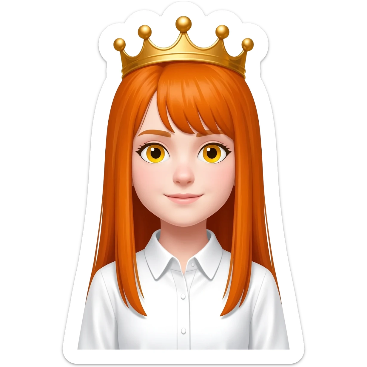White girl with orange long straight hair and yellow eyes with a crown on her head and a white shirt on sticker