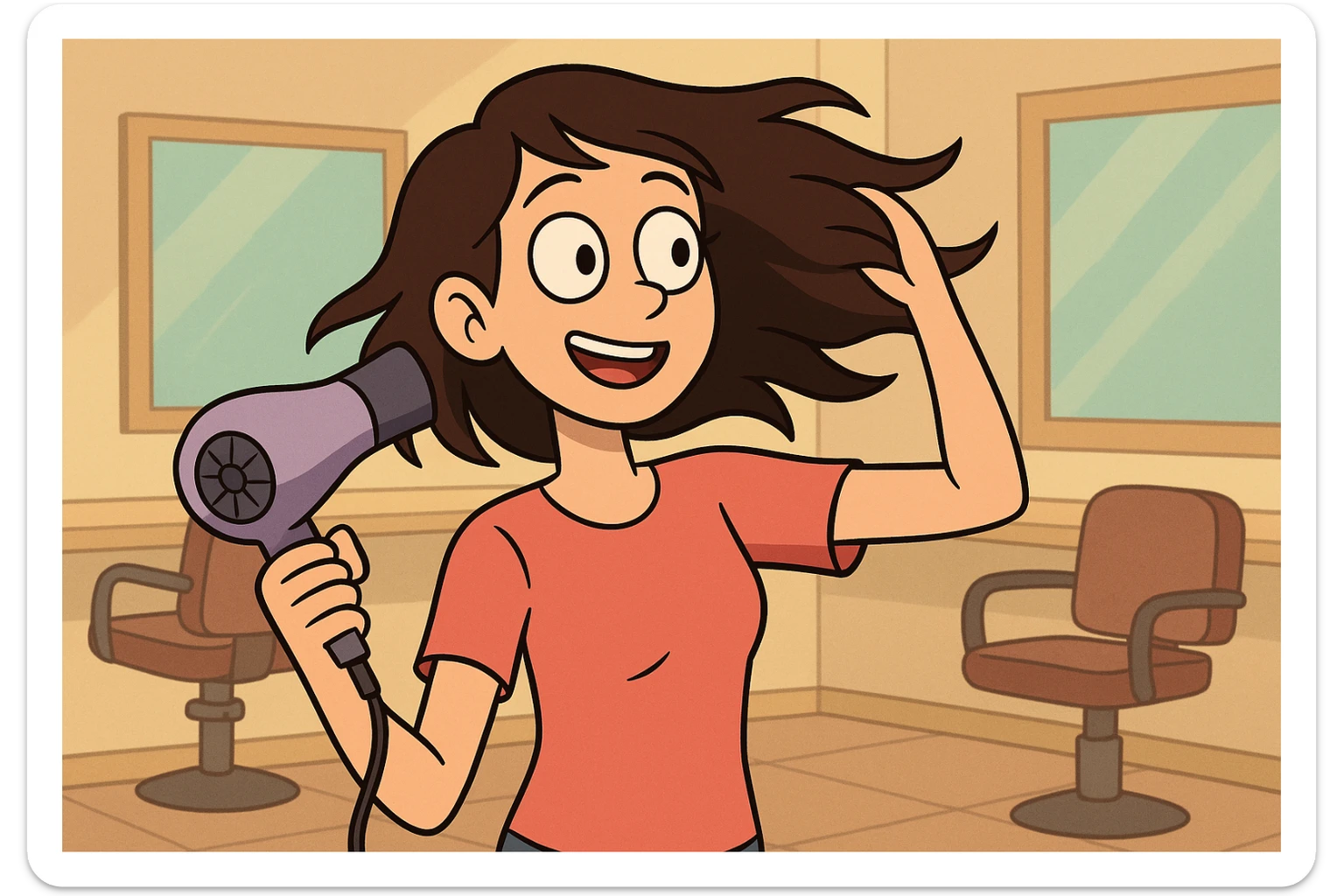 joven mujer en la peluquería usando secador de cabello, estilo cartoon, colores vivos, fondo con sillas y espejos sticker