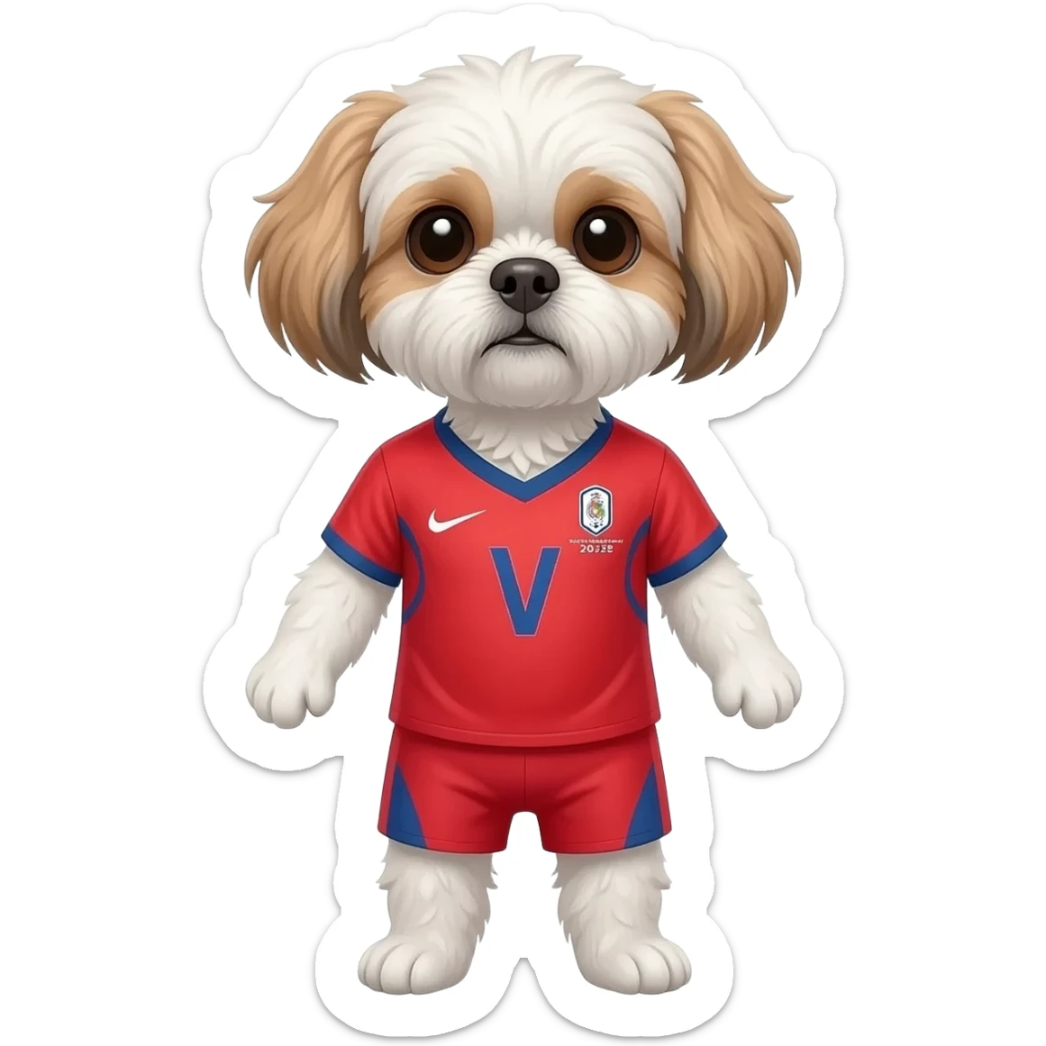 white and light brown shih zhu wearing a South Korea soccer jersey v neck 2026 work cup sticker