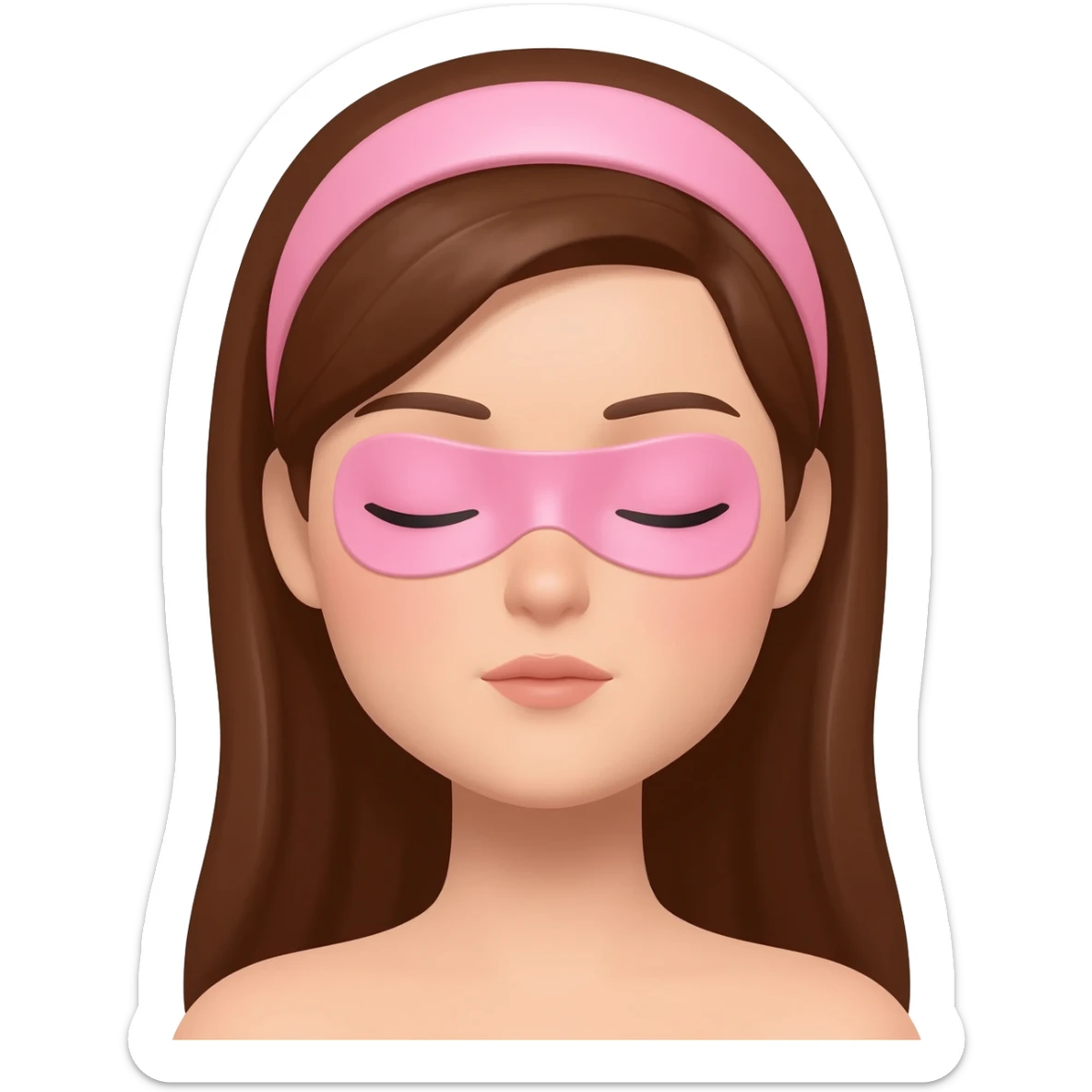 Brown hair woman, eyes closed, calm, headband, pink eye patches, glossy skin, 3D emoji style, white background sticker