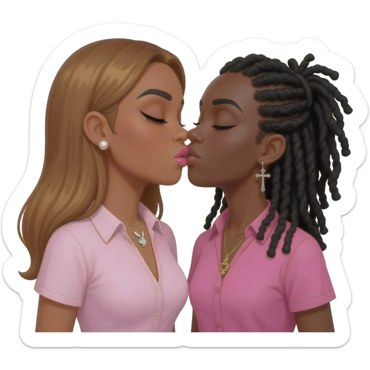 Bimbo, pearl earrings stud, Light pink cute lips, black eyebrows, long honey brown hair, dark brown skin, playboy necklace with lashes, light pink shirt, kissing the goth black girl with pink shirt, with brown skin, cross earrings, ankh necklace with black dreadlocks sticker