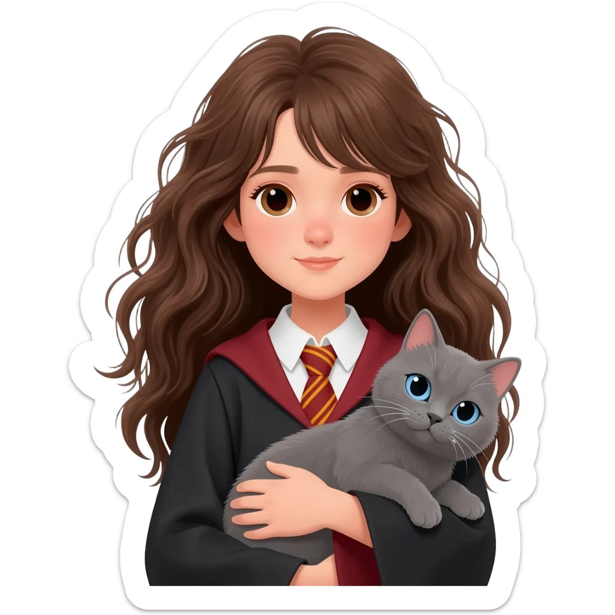 Asian girl with long messy wavy brown hair and brown eyes wearing Ravenclaw robe from Harry Potter, holding a gray cat with blue eyes in hands sticker