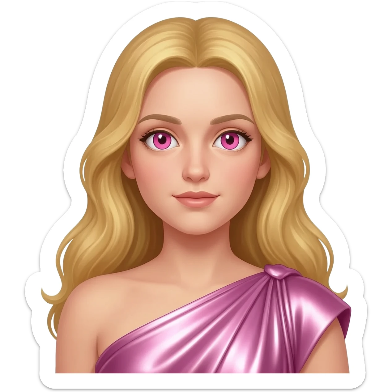 Venus from Roman Mythology with pink eyes, long blonde hair, pink metallic peplos sticker