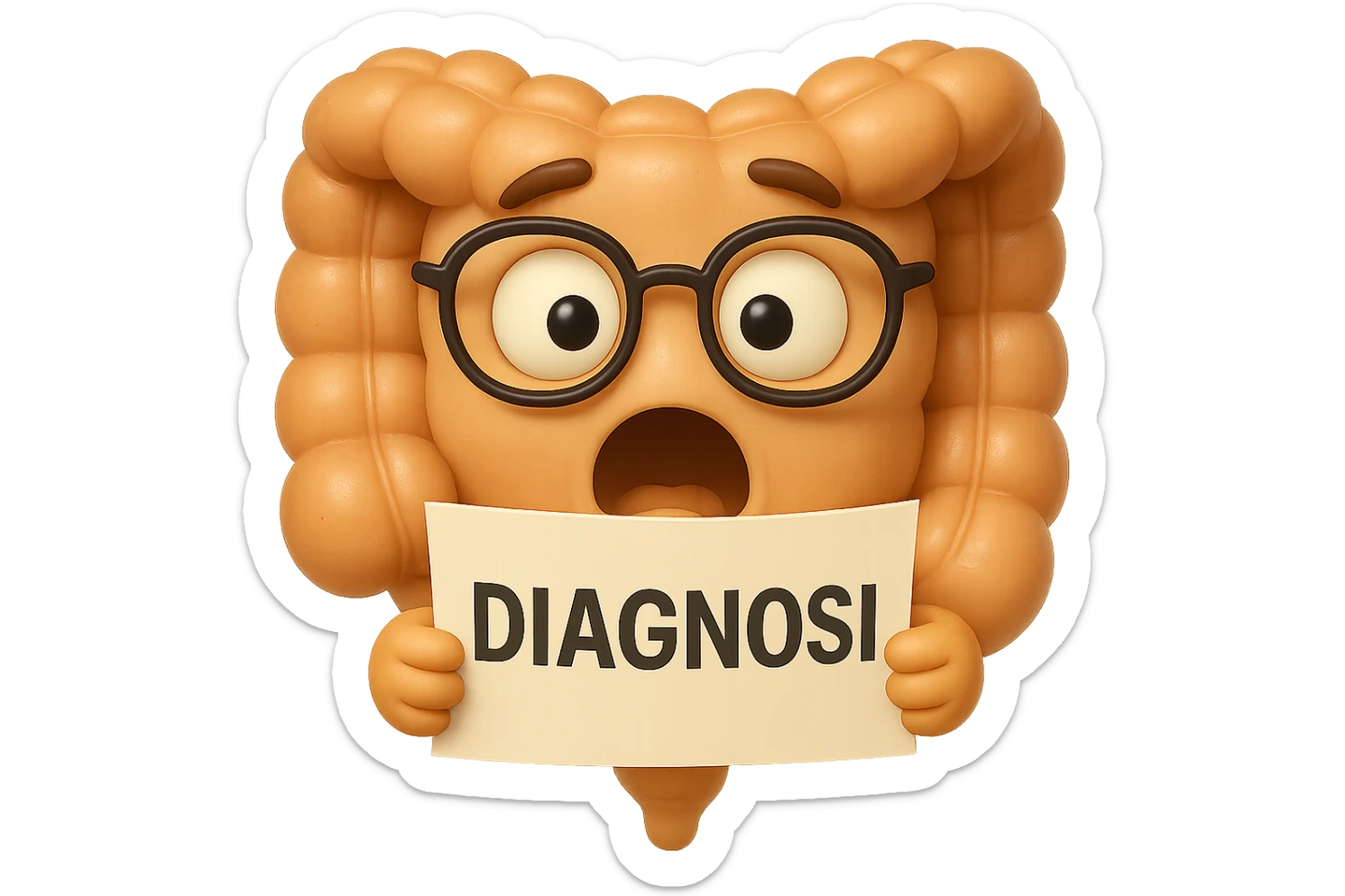 EMOJI STILE IPHONE DI UN INTESTINO CON GLI OCCHIALI CHE LEGGE UN FOGLIO CON LA SCRITTA DIAGNOSI, ESPRESSIONE STUPITA IN VOLTO, IPERREALISTICO 4K sticker