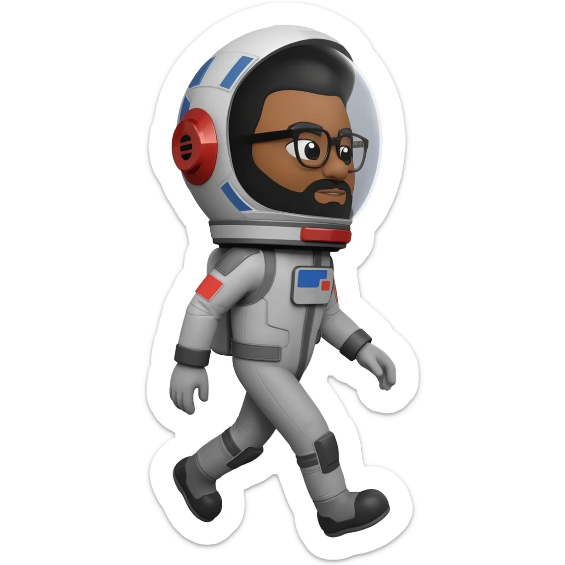 astronaut with helmet walking space brown skin, black eyes, glasses and beard  black hair show body sticker