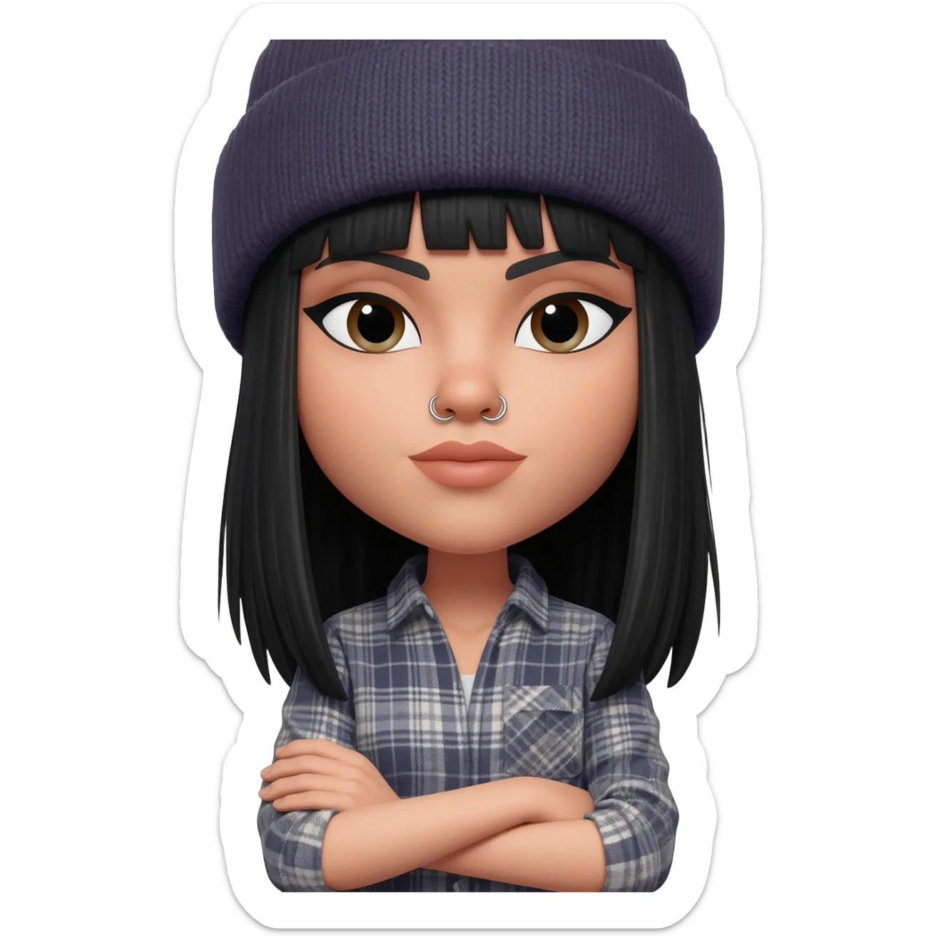 White curvy female with straight black hair wearing a beanie and standing with arms crossed wearing a plaid shirt and both nostrils pierced sticker