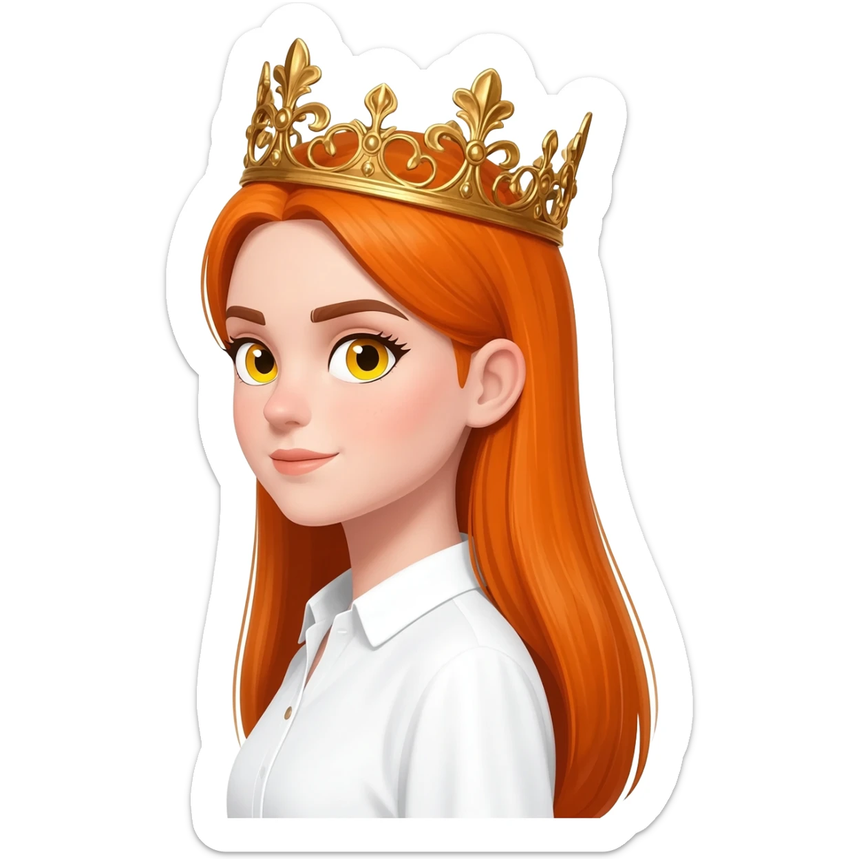 White girl with orange long straight hair and yellow eyes with a crown on her head and a white shirt on brown eyebrows and her hair to the side not on her forehead sticker