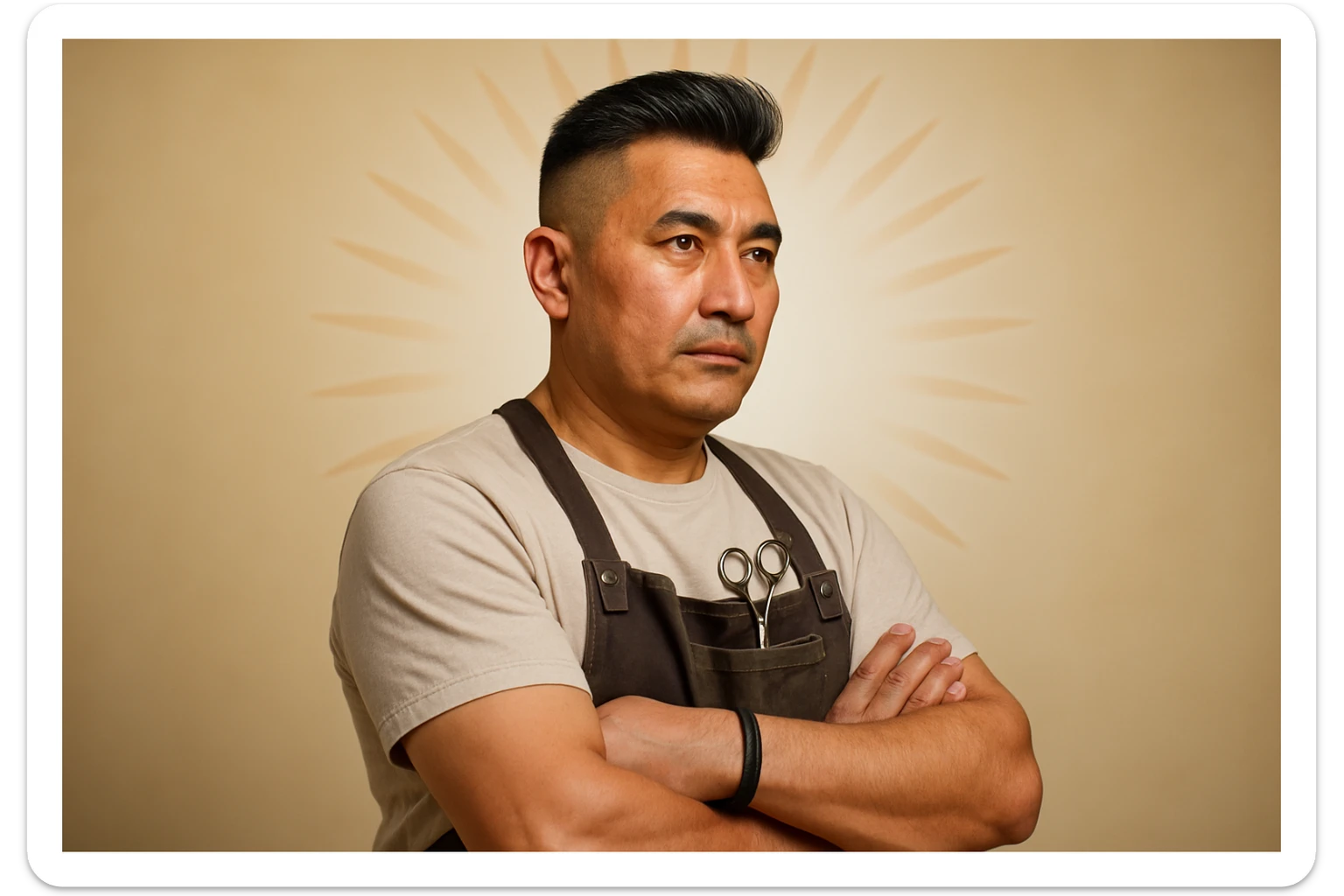 shu pozada turgan faqat o'ng tarafga qarab turgan sartarosh ustani tasvirlab ber realistik uslubda yoshi kattaroq soqol shart emas va uzbekistonlik erkak soch turmagi ham boshqacharoq bo'laversin sticker