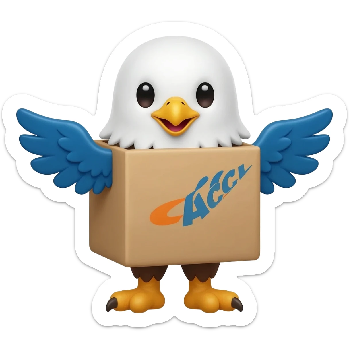 cute mascot inspired by an eagle and delivery package, smiling and waving hello, small wings like the ACPL logo eagle, blue and orange colors, friendly chatbot character, flat vector emoji style, rounded shapes, clean white background sticker