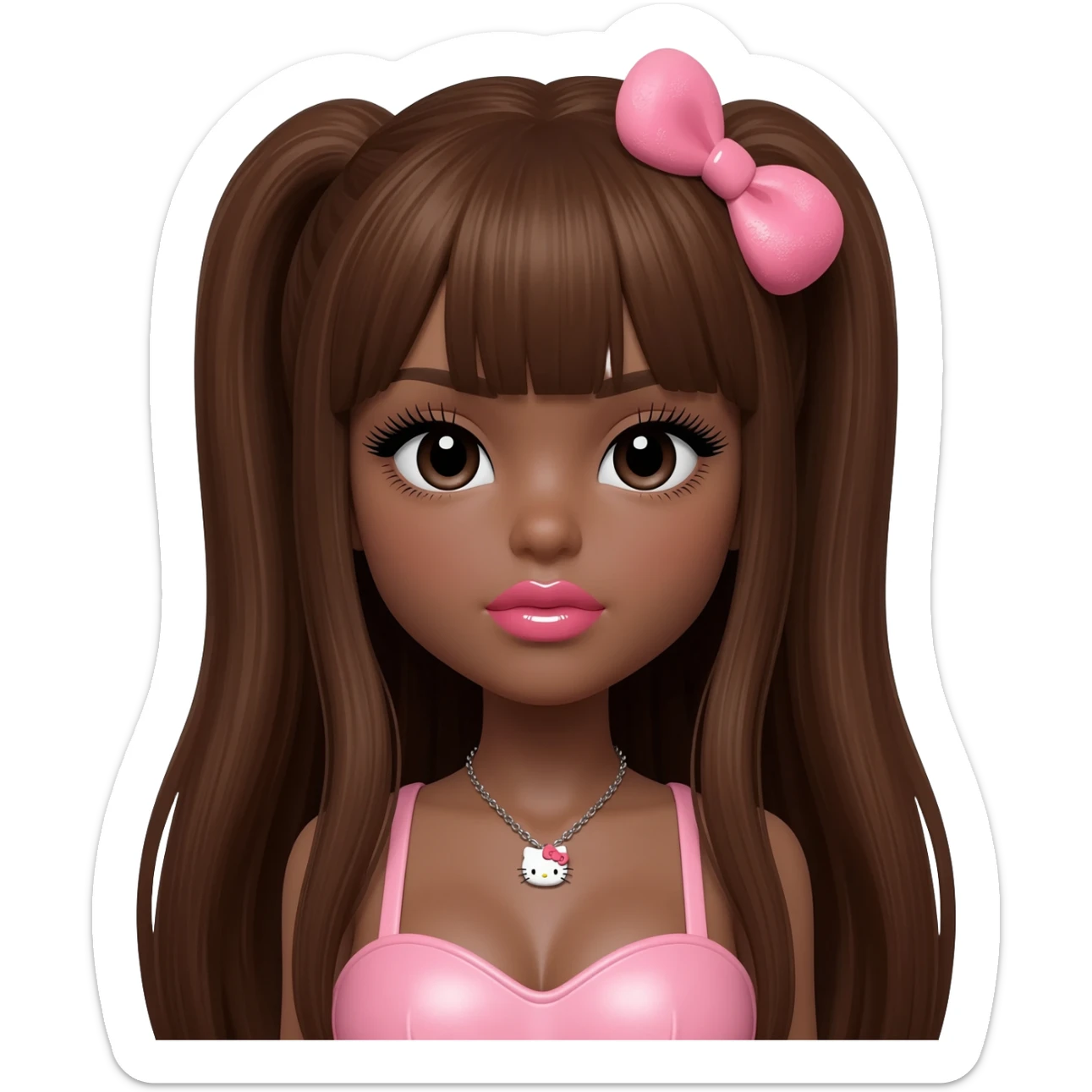 heart shaped lips, cute glossy lips, doll eyes with long lashes, dark brown skin, long brown hair, big chest, hello kitty necklace, one bow clip, bimbocore outfit, (NO BANGS) sticker
