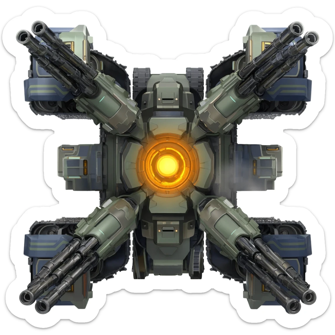 A top down view of an end level boss robot drone with tank track, in a cyber punk futuristic style far beyond what is currently available today, from the year 3000, the camera needs to be directly above the end boss robot drone looking down sticker