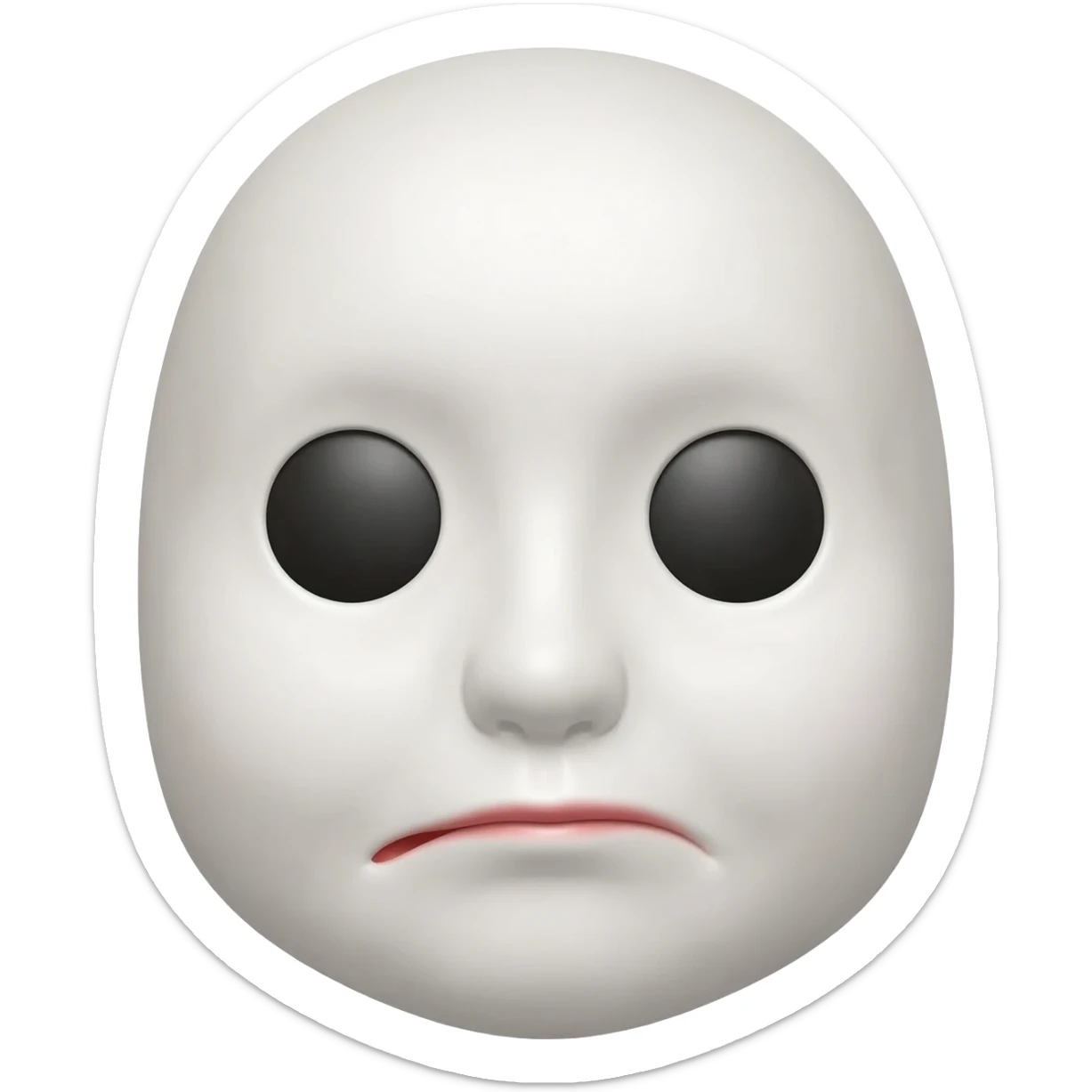 Hyottoko festival mask, a comical, puckered mouth to one side, round eyes, and a white, rounded face sticker