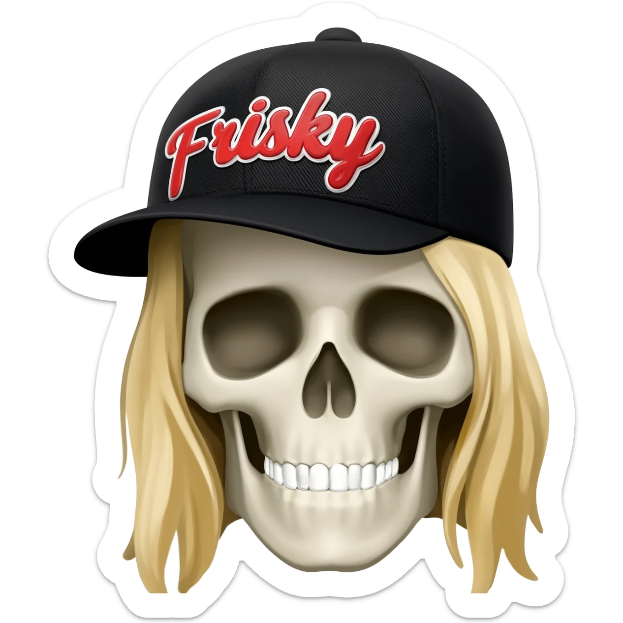 Create a skeleton head wearing a black baseball cap that says " Frisky " in red, and white lettering, with long blonde hair sticker