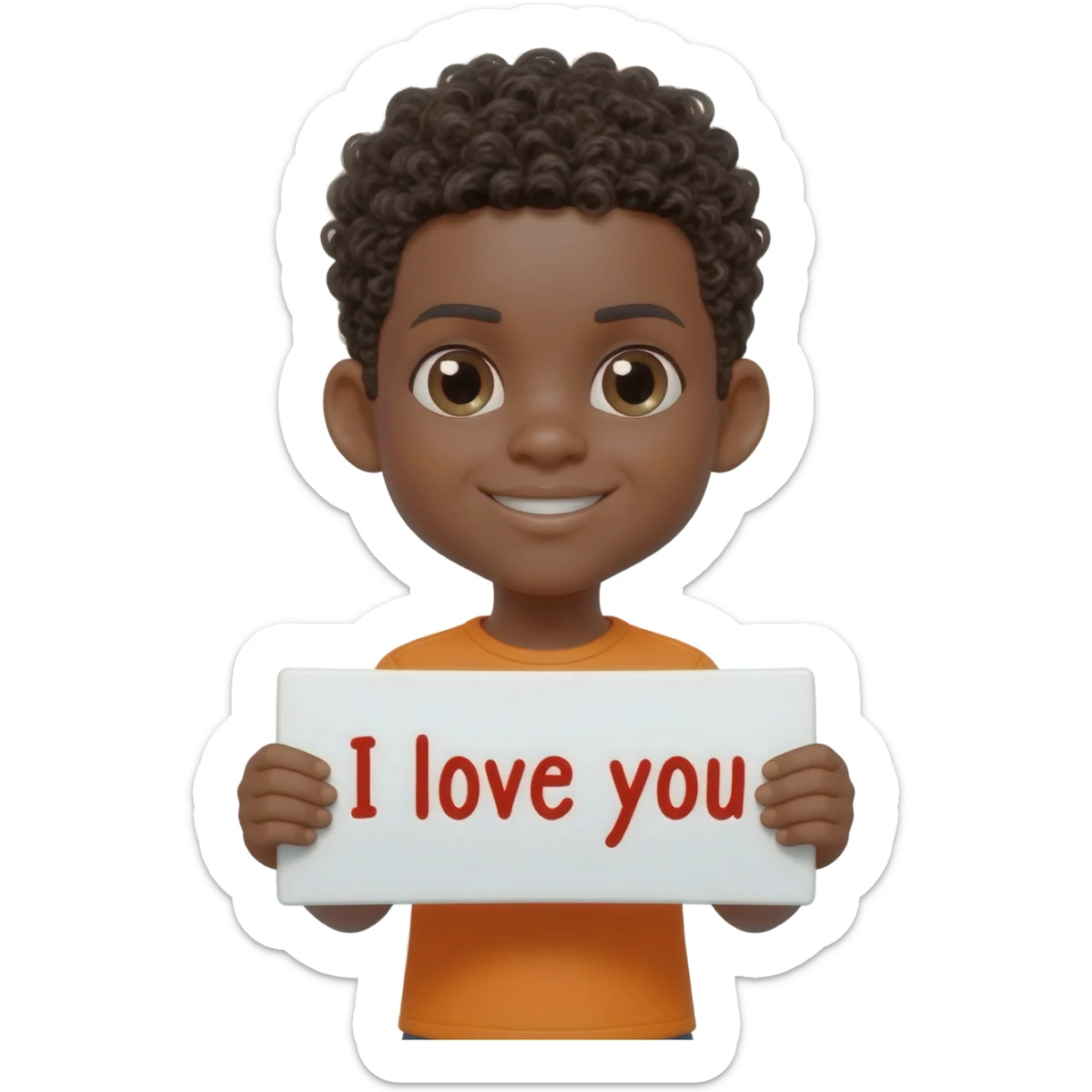 black boy curly hair orange shirt communicating I love you sticker