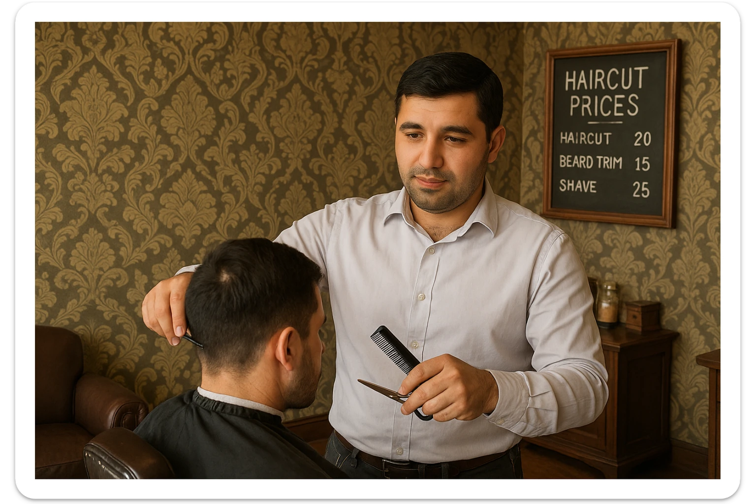 Draw me a picture of a barbershop that looks like this guy working in a barbershop. The barbershop doesn't have to be very modern. It should be on a medium floor. Also draw a blackboard on the wall. It should have the prices for haircuts there. sticker