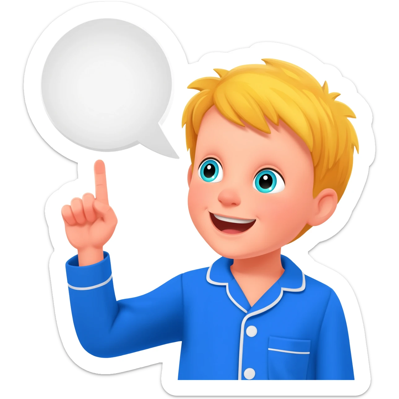Create an emoji of the same blonde 3 year old as the first one you did. happy boy with blue-greenish eyes with blue pajamas on saying a bible verse, with one finger up (the one next to the thumb( sticker