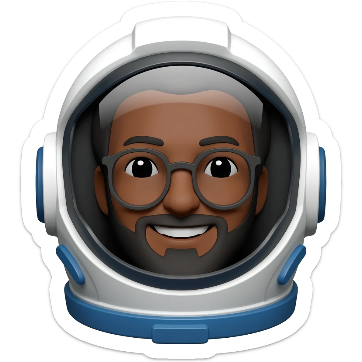 astronaut with helmet in space brown skin, black eyes, glasses and beard smiling a bit long hair sticker