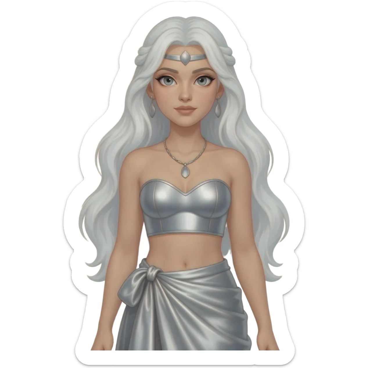 Artemis from Greek Mythology with grey eyes, long white hair, silver metallic sweetheart crop top, silver metallic wrap long skirt, silver necklace and earrings sticker