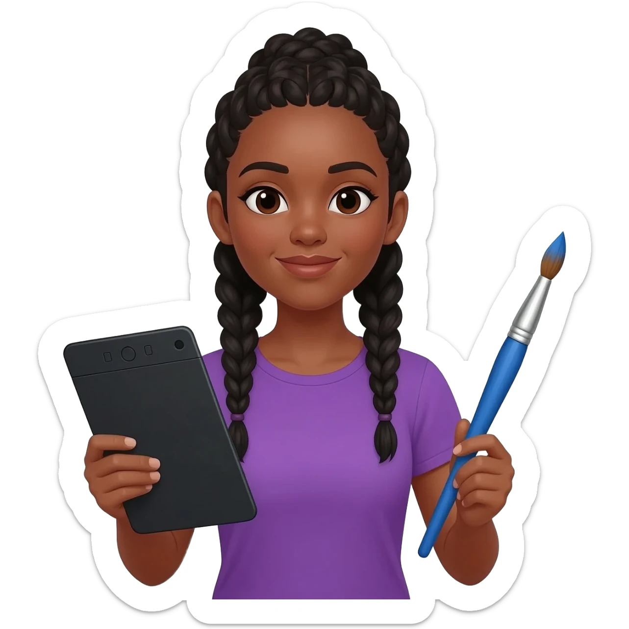 Emoji représentant une femme à la peau marron avec de longues braids noires et portant une belle chemise violette, tenant une tablette graphique dans une main et un pinceau dans l’autre sticker