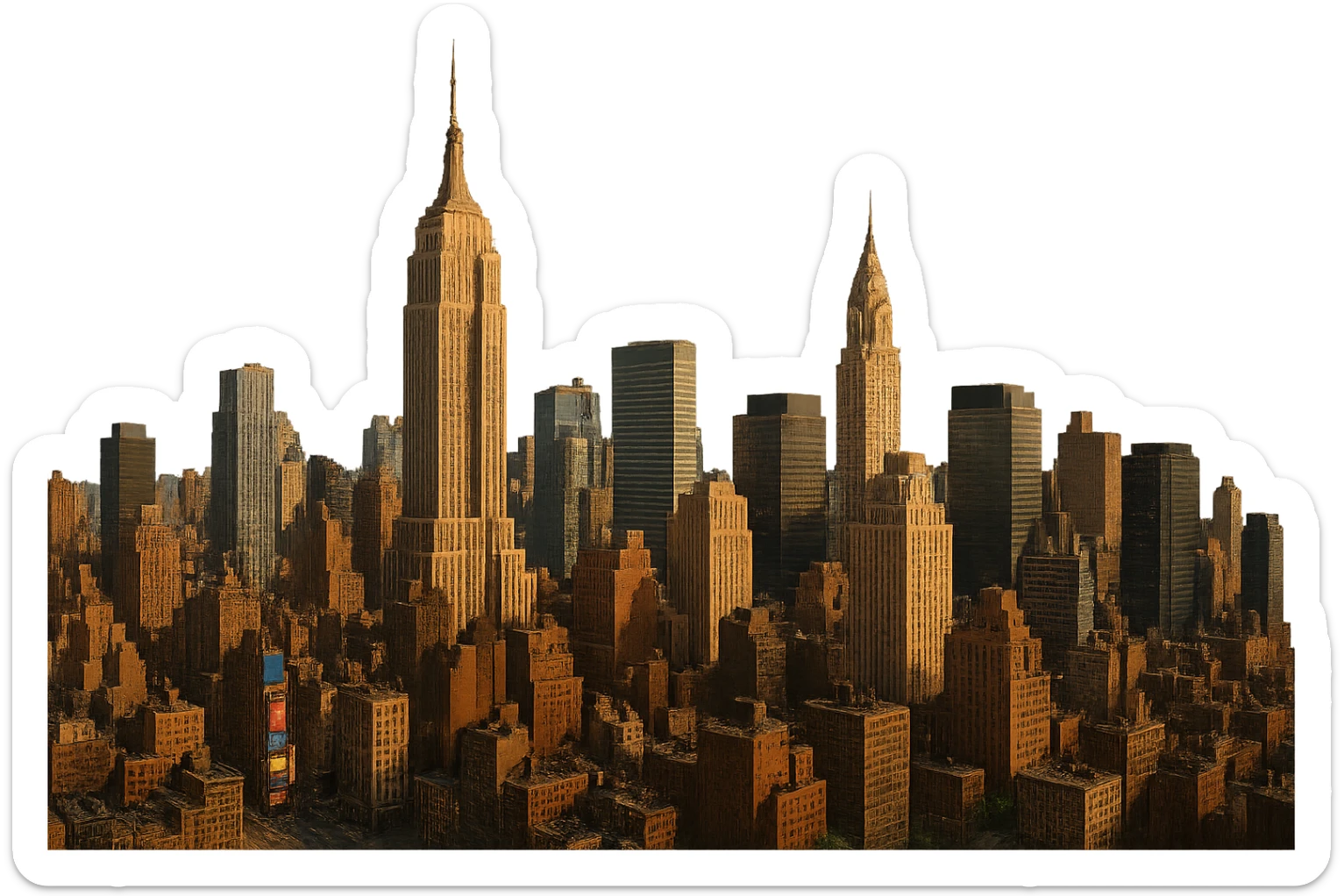 cinematic, realistic emoji of New York City, wide city view focusing on Midtown Manhattan with the Empire State Building, Chrysler Building, Times Square, and Rockefeller Center, lifelike architectural detail, accurate colors, bright daytime lighting, fully transparent background, no sky, no clouds, no city name label sticker