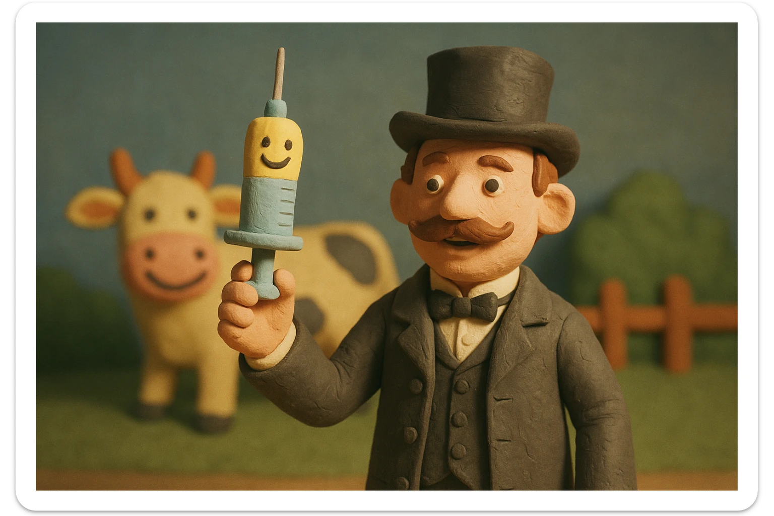 A Victorian doctor holding up a vaccination with a smiling face with a cartoon happy cow in the background sticker