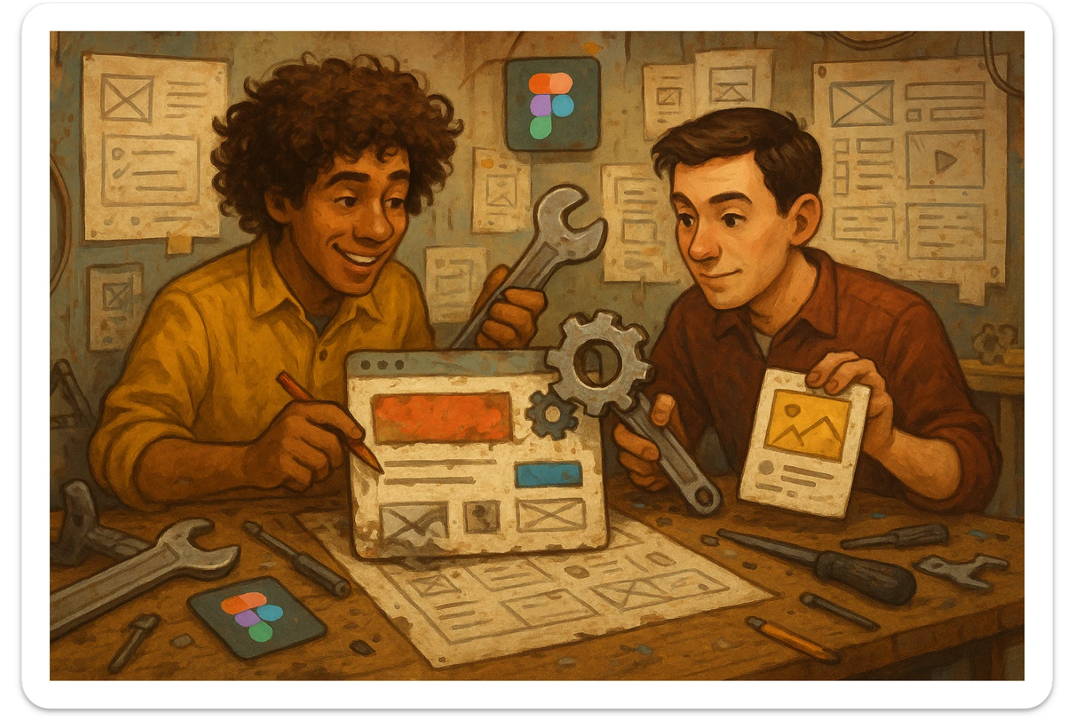 Two designers, one with curly hair and one with short dark hair, collaborating in a workshop filled with UI elements, tools like a wrench and ruler, and Figma icons. The environment is a mix of chaos and creativity as they repair and beautify old, messy UI components. sticker