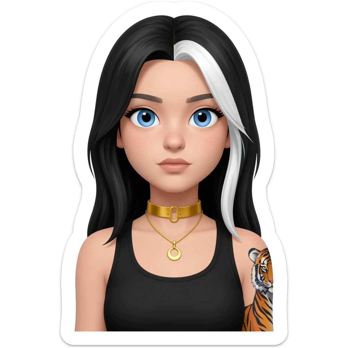 Emoji with blue eyes girl with long black and white hair wearing a gold choker neckless wearing black tank top tiger tattoo on right arm sticker
