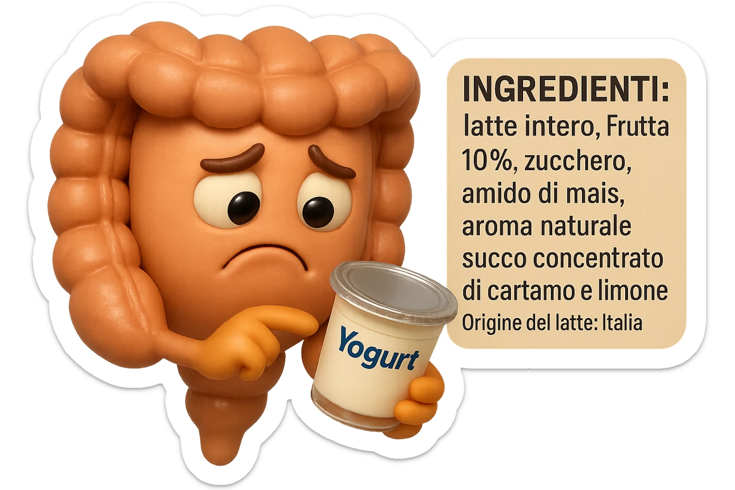 SU QUESTO STILE FAI UN EMOJI STILE IPHONE 3D DI UN INTESTINO CHE HA IN MANO UN BARATTOLO DI YOGURT CONFEZIONATO DA SUPERMERCATO E LEGGE L'ETICHETTA NUTRIZIONALE CON GLI INGREDIENTI IN ITALIANO, ACCANTO ALLO YOGURT CHE HA IN MANO C'è UN FOCUS SULL'ETICHETTA CON GLI INGREDIENTI SCRITTI, FAGLI UN ESPRESSIONE CONFUSA MENTRE LEGGE E FALLO MOLTO REALISTICO IN 3D sticker