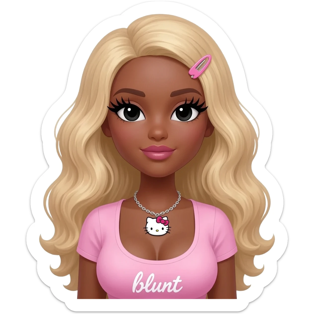 Long giant lashes, my melody hairclip, Doll faced shaped, hello kitty necklace, bimbo, black doll eyes, barbie, dark brown skin with long curly blonde hair, light pink bimbo shirt says "blunt" , big breast sticker
