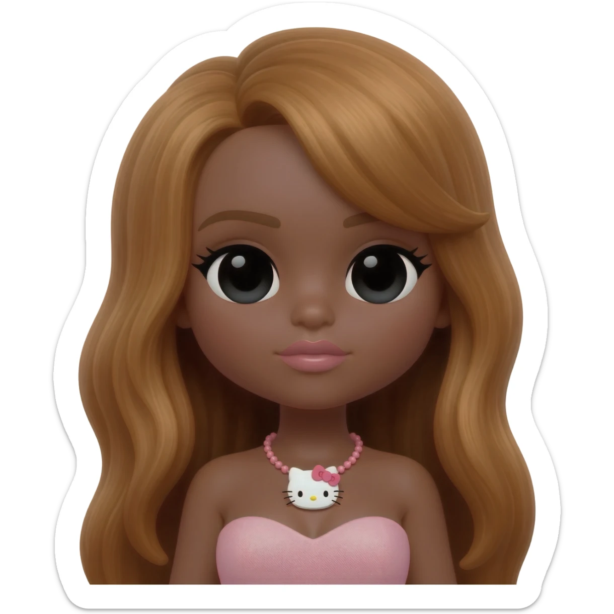 hello kitty necklace, doll eyes, Doll, big chest, dark brown skin, long honey brown hair, black cute eyes, pink bows with cute lips sticker