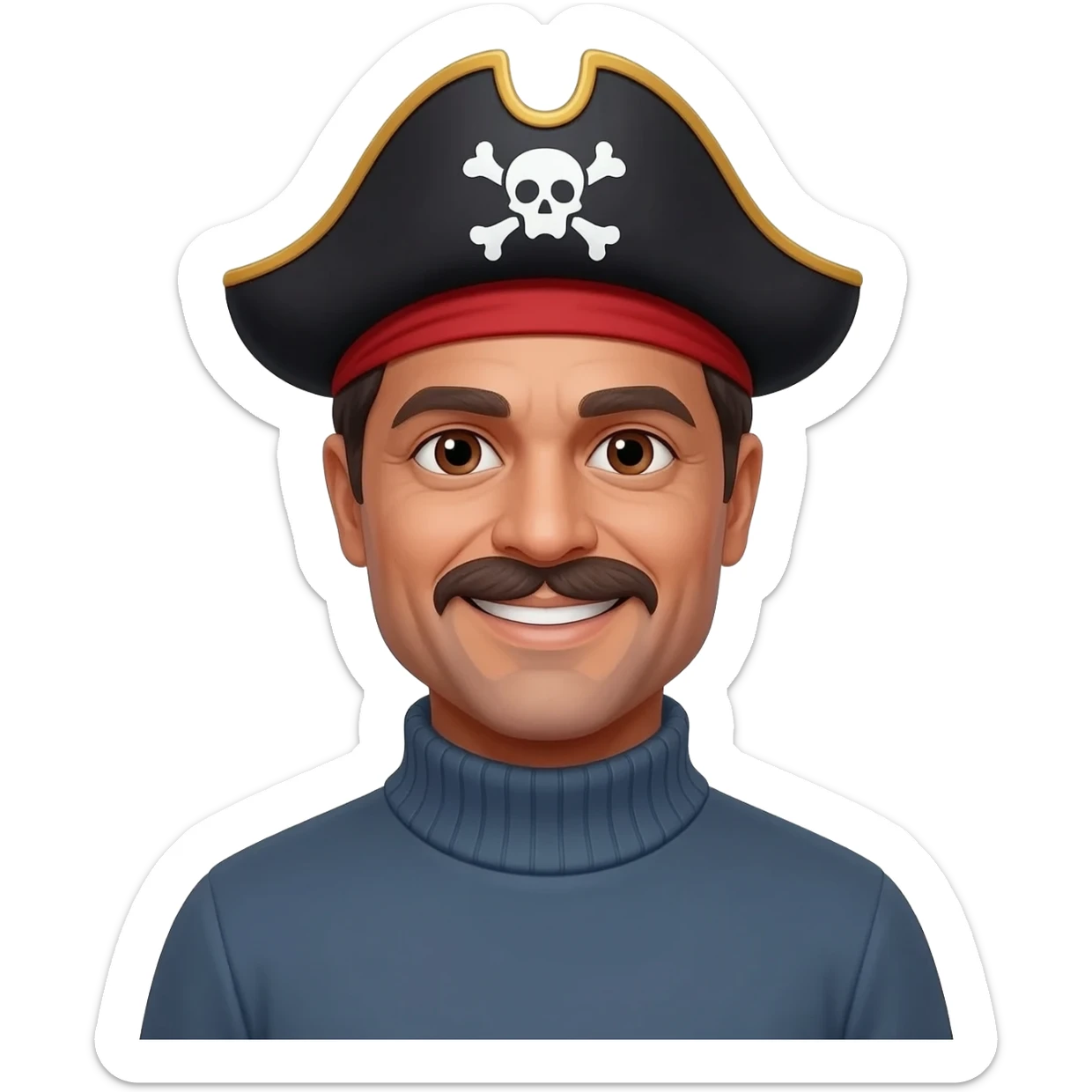 middle aged male indian primary school teacher looks like brad pitt without a moustache wearing a thick plain roller-neck jumper with a pirate headband and no hat sticker