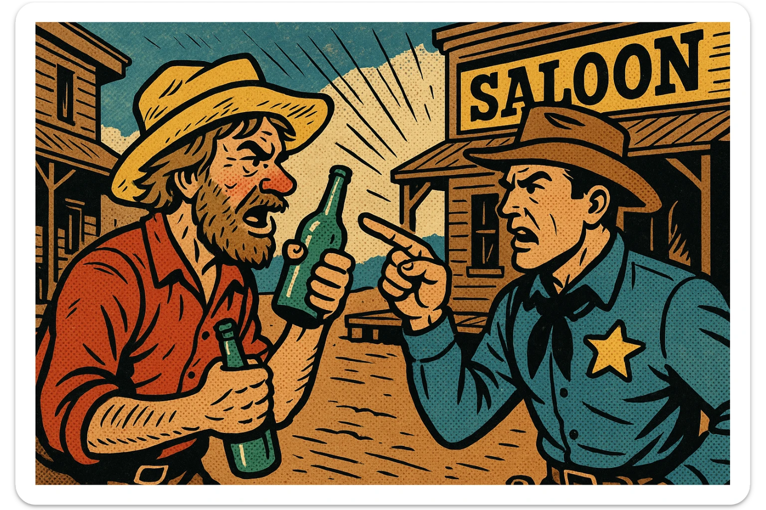 A drunk gold prospector in an early mining town in the American West during the Gold Rush in an argument with the local sheriff with a saloon in the background. sticker