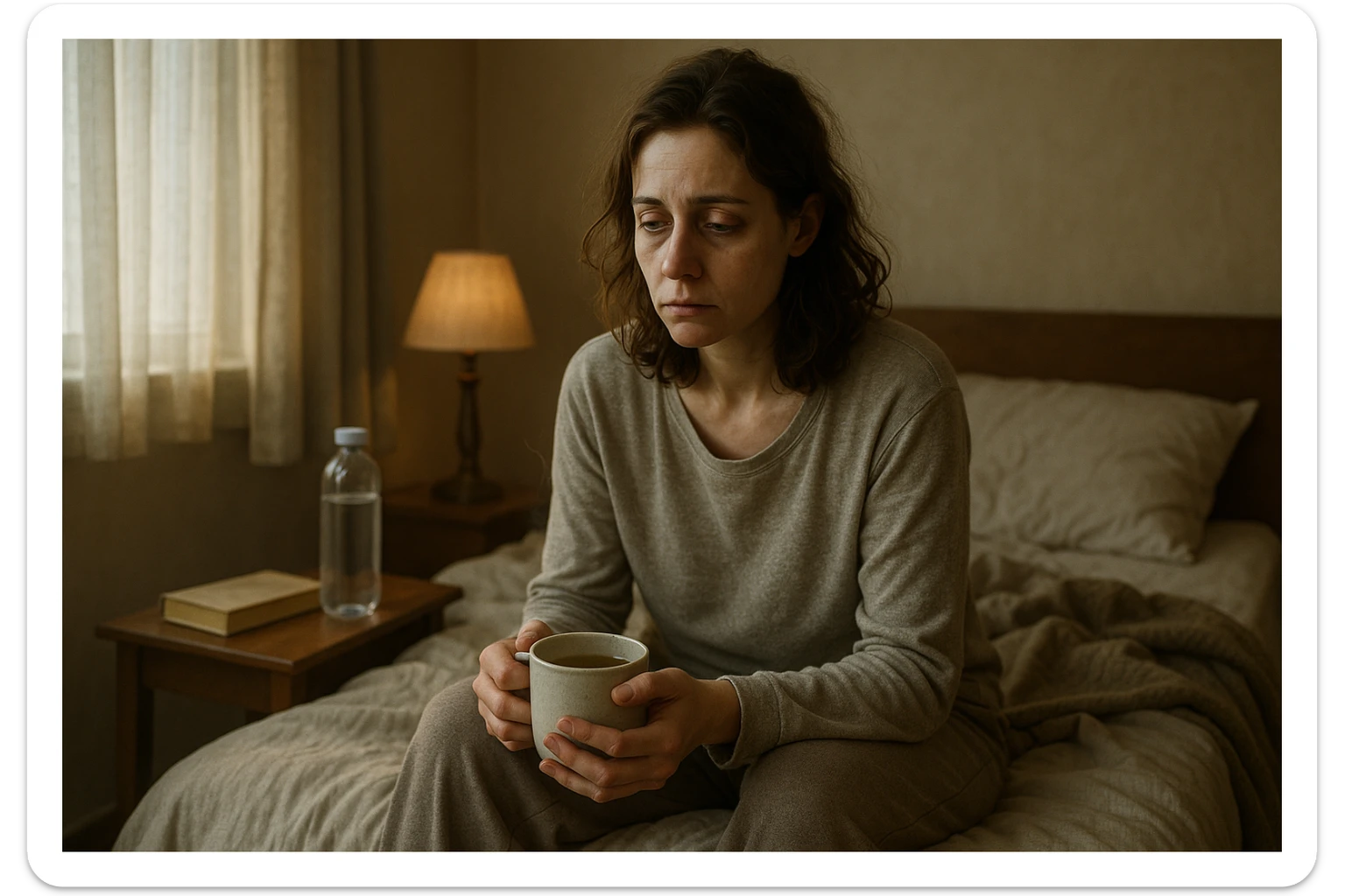A cinematic, realistic scene of a woman in her early 30s, pale and tired, sitting on her bed in the morning. She is slouched, with dark circles under her eyes, wearing loungewear and holding herbal tea. The bedroom is softly lit, cozy but a bit messy, with a blanket, water bottle, and book on the nightstand. The light highlights her exhausted expression, representing chronic fatigue syndrome with compassion and dignity. sticker