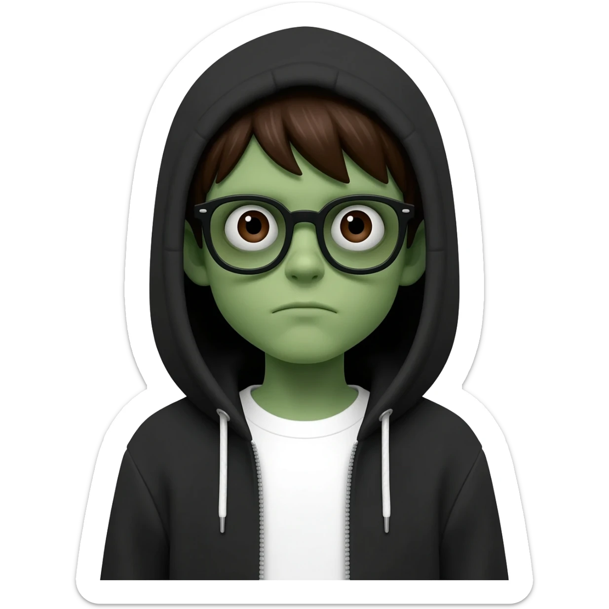 zombie boy with white tshirt and black brownish hair and with black glasses frames on hair is texturized young boy and round face more green face and dark brown eyes black thick cotton y2k hoodie with the white t-shirt under it hood of hoodie is standing up a slight bit and no ties on hoodie sticker